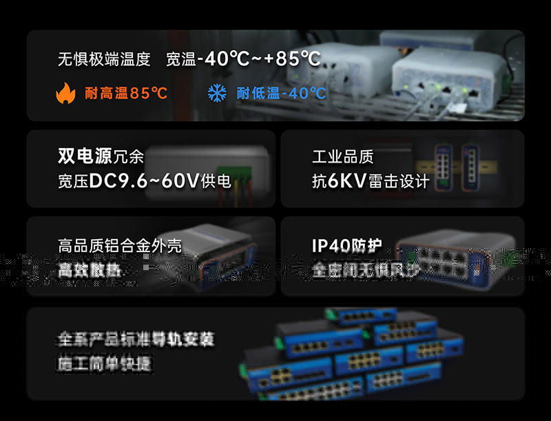 工業(yè)級(jí)交換機(jī)的硬件保護(hù)，可以耐嚴(yán)寒酷暑等惡劣環(huán)境下正常工作